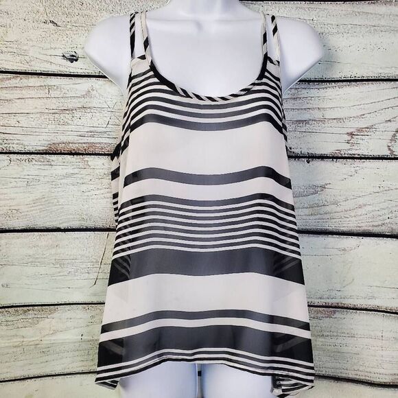 GAP Women’s Striped Henley Tank Top Medium Brown Beige 100% Cotton - Picture 2 of 7